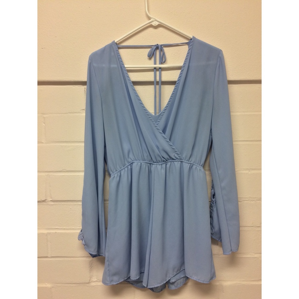 Sky Blue Long-Sleeved Romper with Deep Back